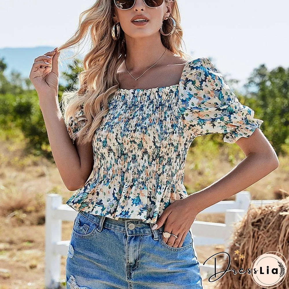 Flower Print Stretchy Shirt Summer Sweet Ruffle Square Neck Cropped Blouses With Pads Women Padding Crop Tops