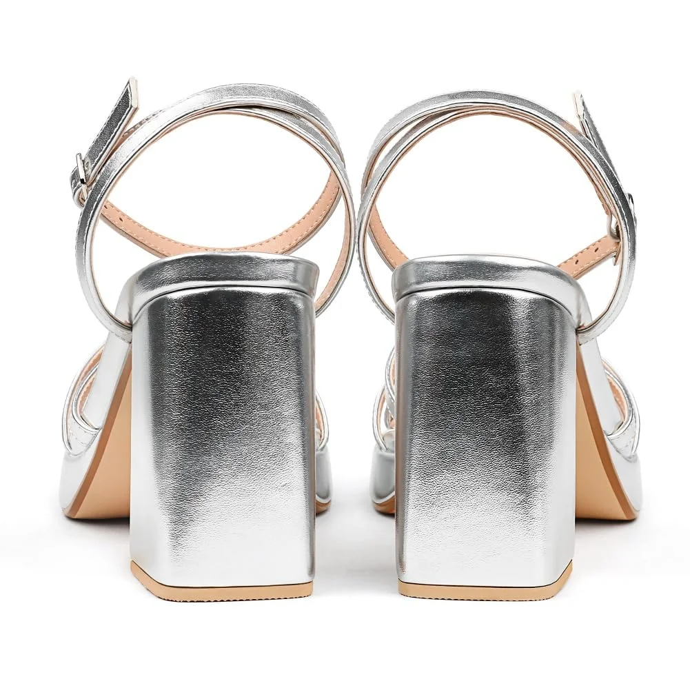 90mm Women's Platform Chunky Heels Ankle Strap Block Heeled Sandals Party Wedding Shoes Square Open Toe Sandals-MERUMOTE
