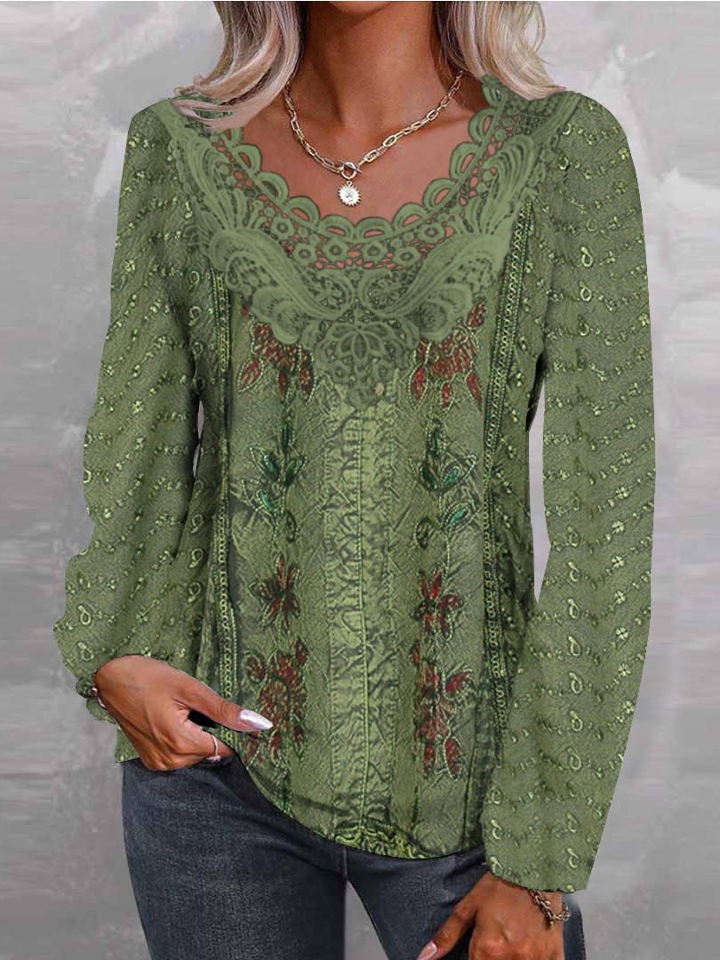 Women Long Sleeve V-neck Graphic Floral Printed Top