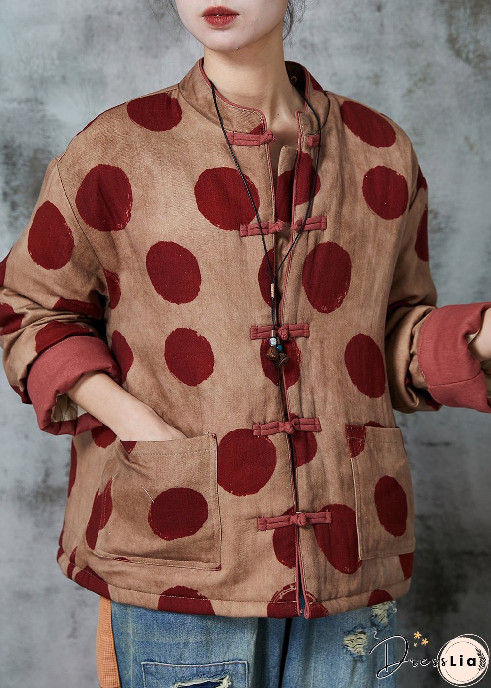 Women Orange Print Chinese Button Fine Cotton Filled Coat Winter
