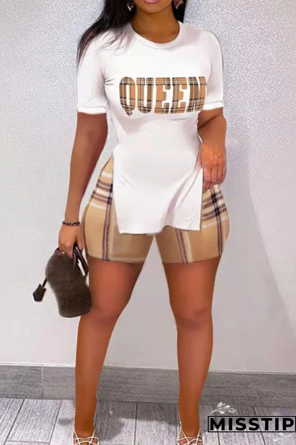 Red Casual Print Patchwork Slit O Neck Short Sleeve Two Pieces