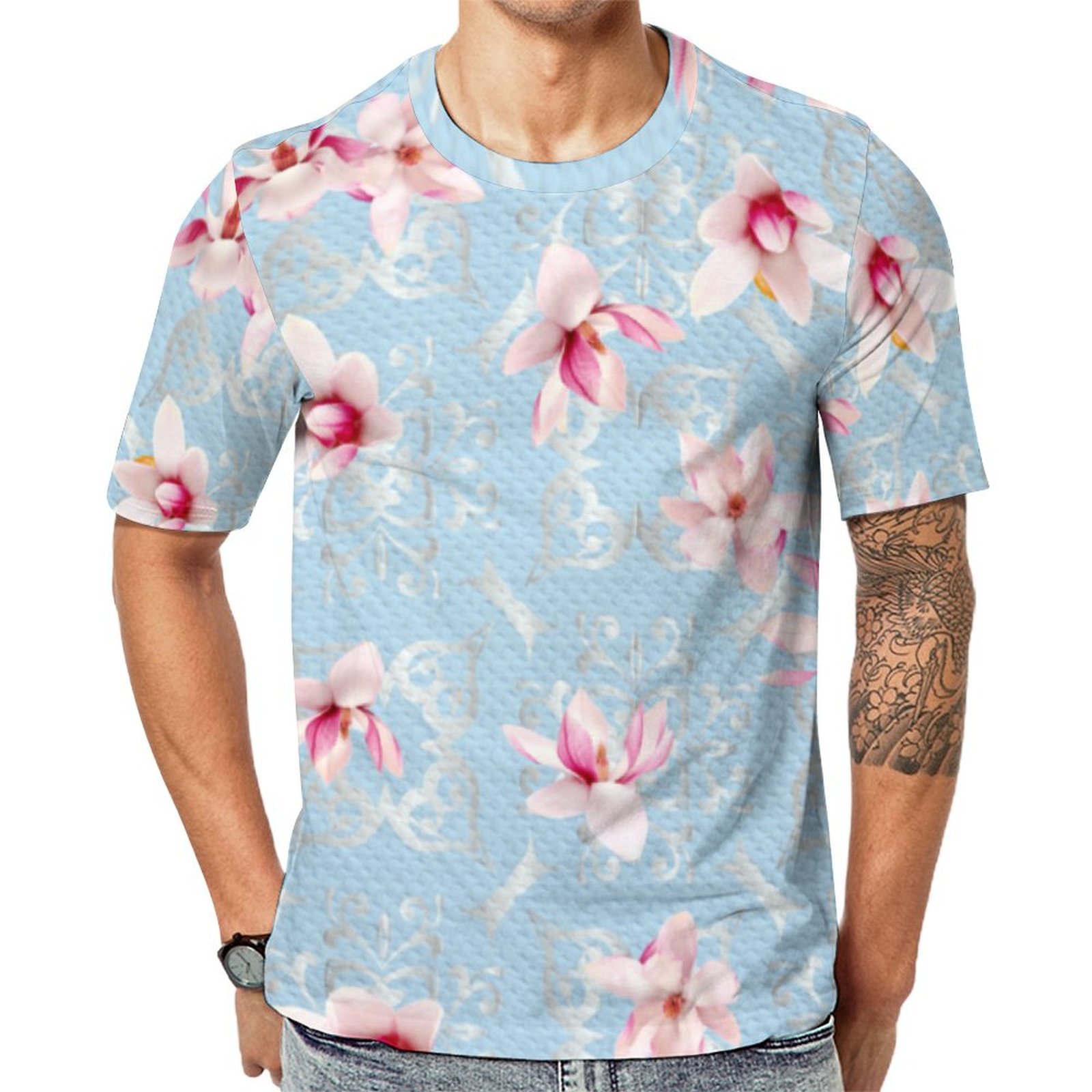 Magnolia Flowers Blossom On Soft Blue And Silver Damask Short Sleeve Print Unisex Tshirt Summer Casual Tees for Men and Women Coolcoshirts