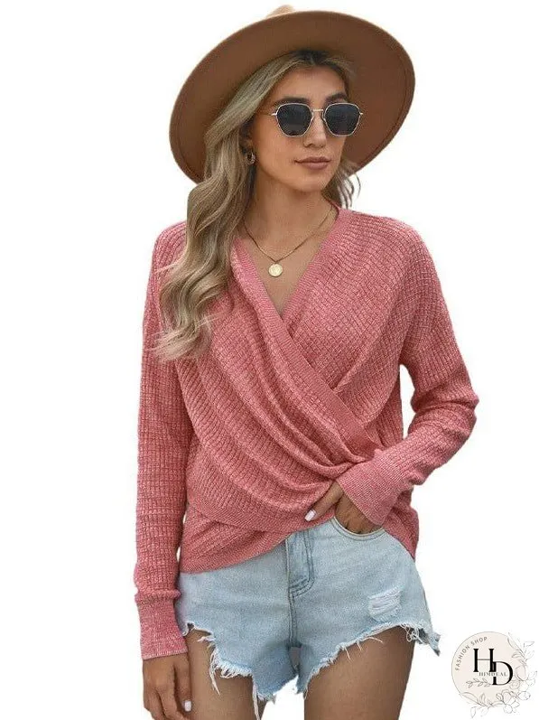 V-Neck Ladies' Sweater With Cross Detail In Solid Colors And Sexy Long Sleeves