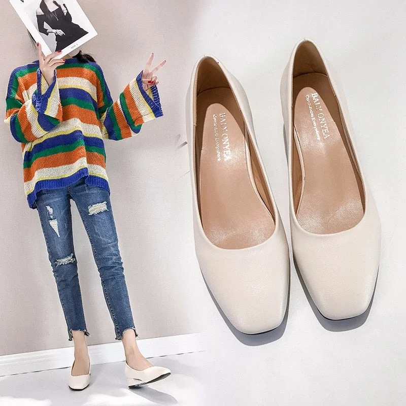 Women Loafers Simple PU Leather Slip-on Shoes Round Toe Mid Heel Ladies Party Student Shoes Pumps Moccasins chaussures femme