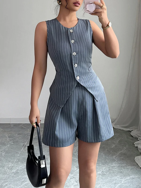 Striped Sleeveless Buttoned V-Neck Vest Top + Pleated Pockets Shorts Bottom Two Pieces Set