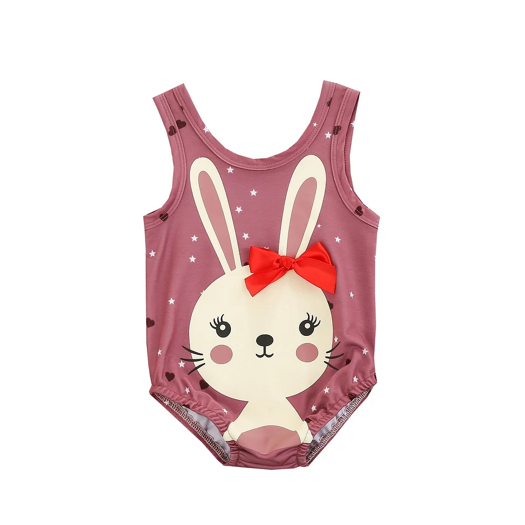 Infant Baby Girl Swimsuit, Cartoon Bunny Print Sleeveless Bodysuit One-piece Suit for Vacation Swimming Beach Bathing Suit