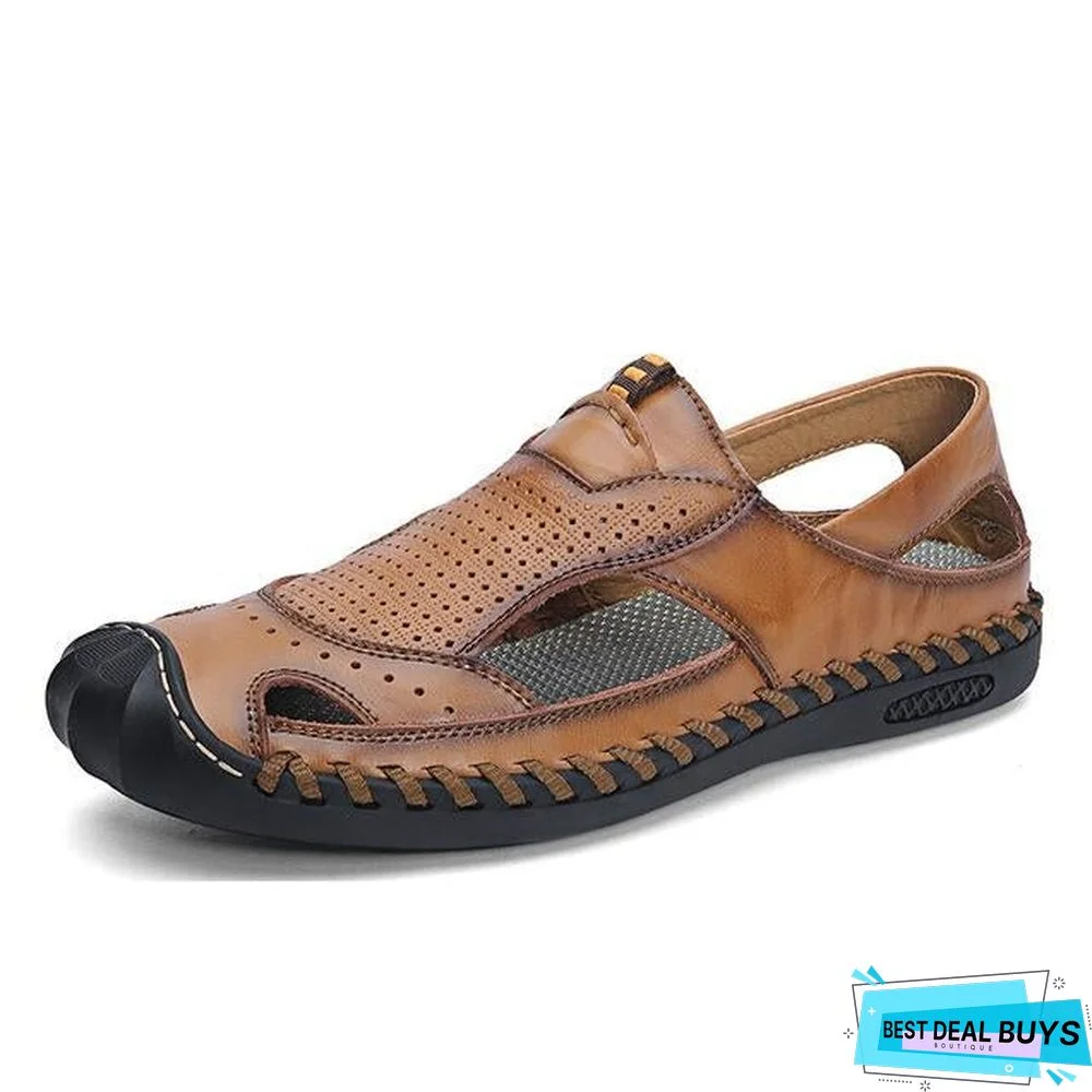 Men's Cow Leather Sandals Summer Beach Flat Non-Slip Sandals