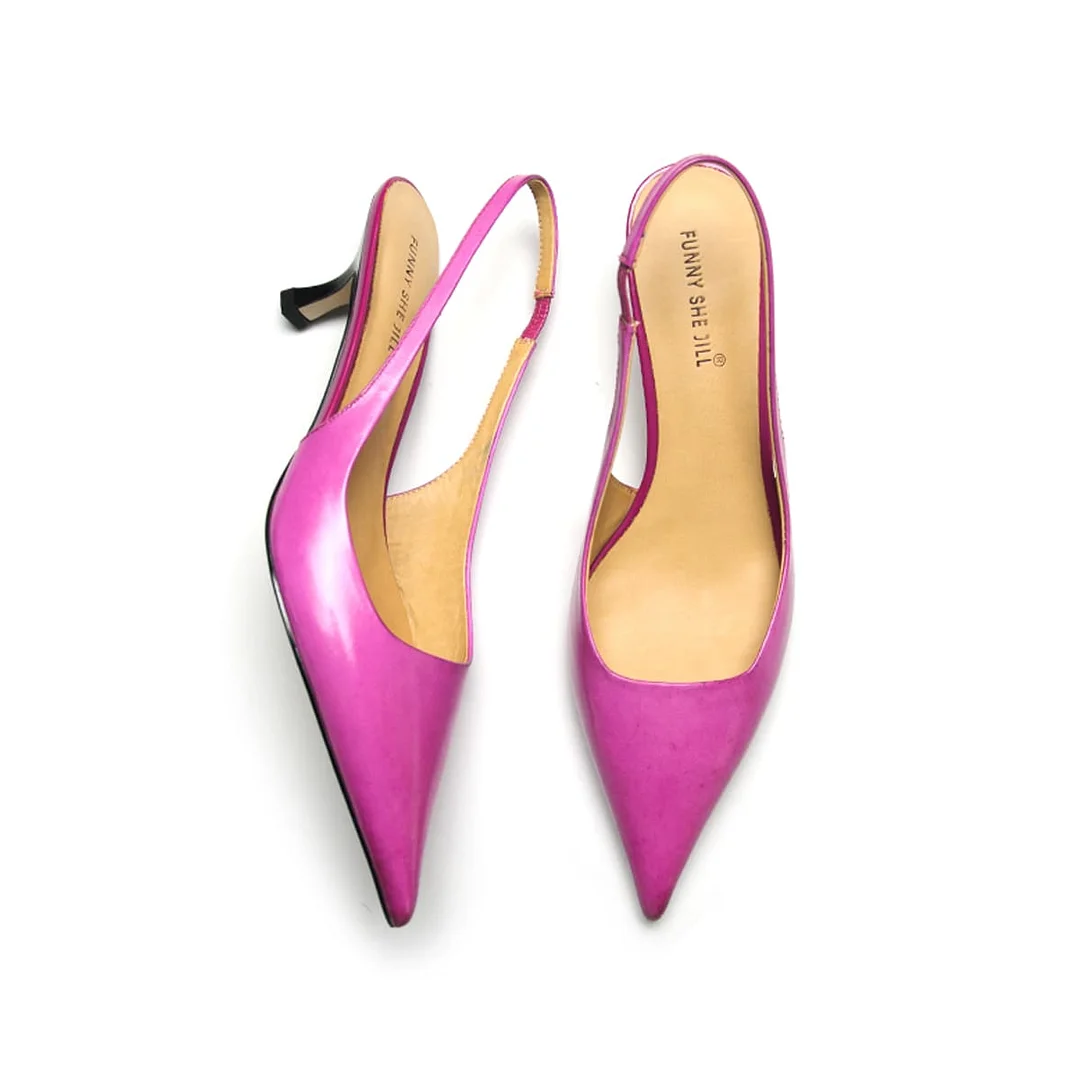 Women's Patent Leather Pointed Toe Elegant Kitten Heel Slingback Dress Pump Shoes
