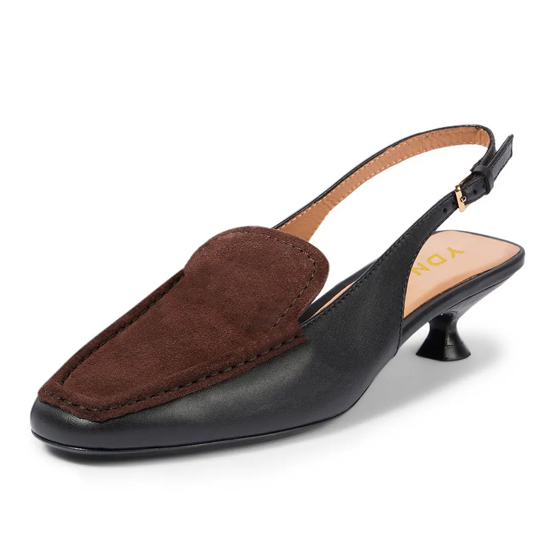 Black and Brown Patchwork Square Toe Loafer Slingback Pumps