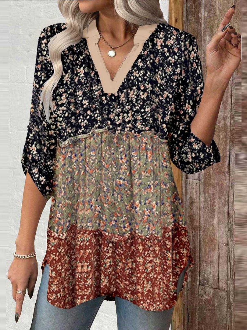 Women 3/4 Sleeve V-neck Floral Printed Graphic Button Tops