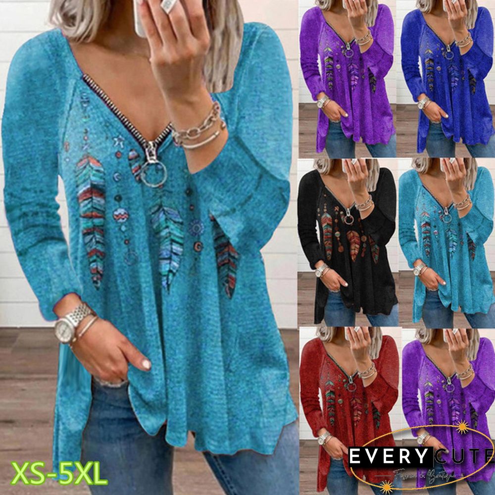 Spring and Early Autumn New Fashion Womens Feather Plaid Printed Casual Plus Size Long