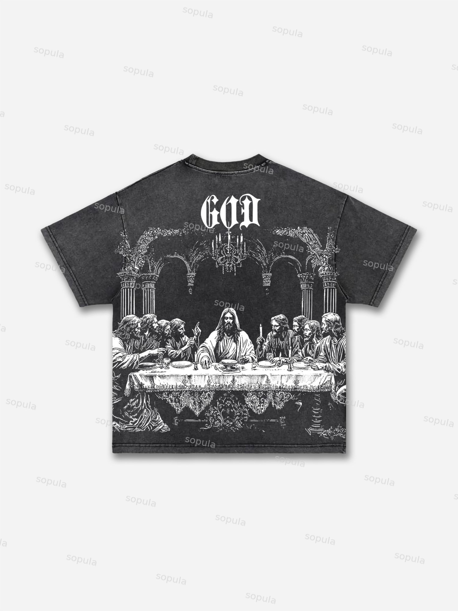 God's Supper Print Acid Wash T-shirt