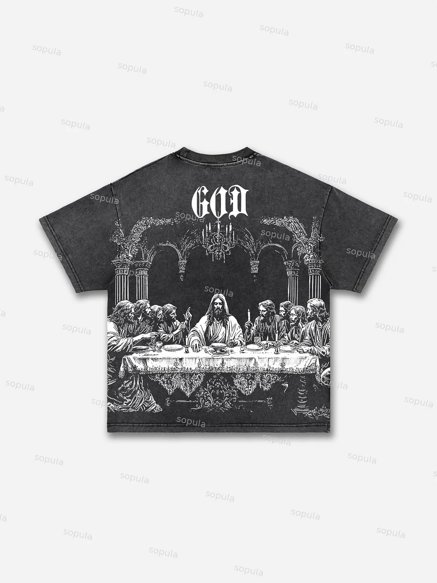 God's Supper Print Acid Wash T-shirt