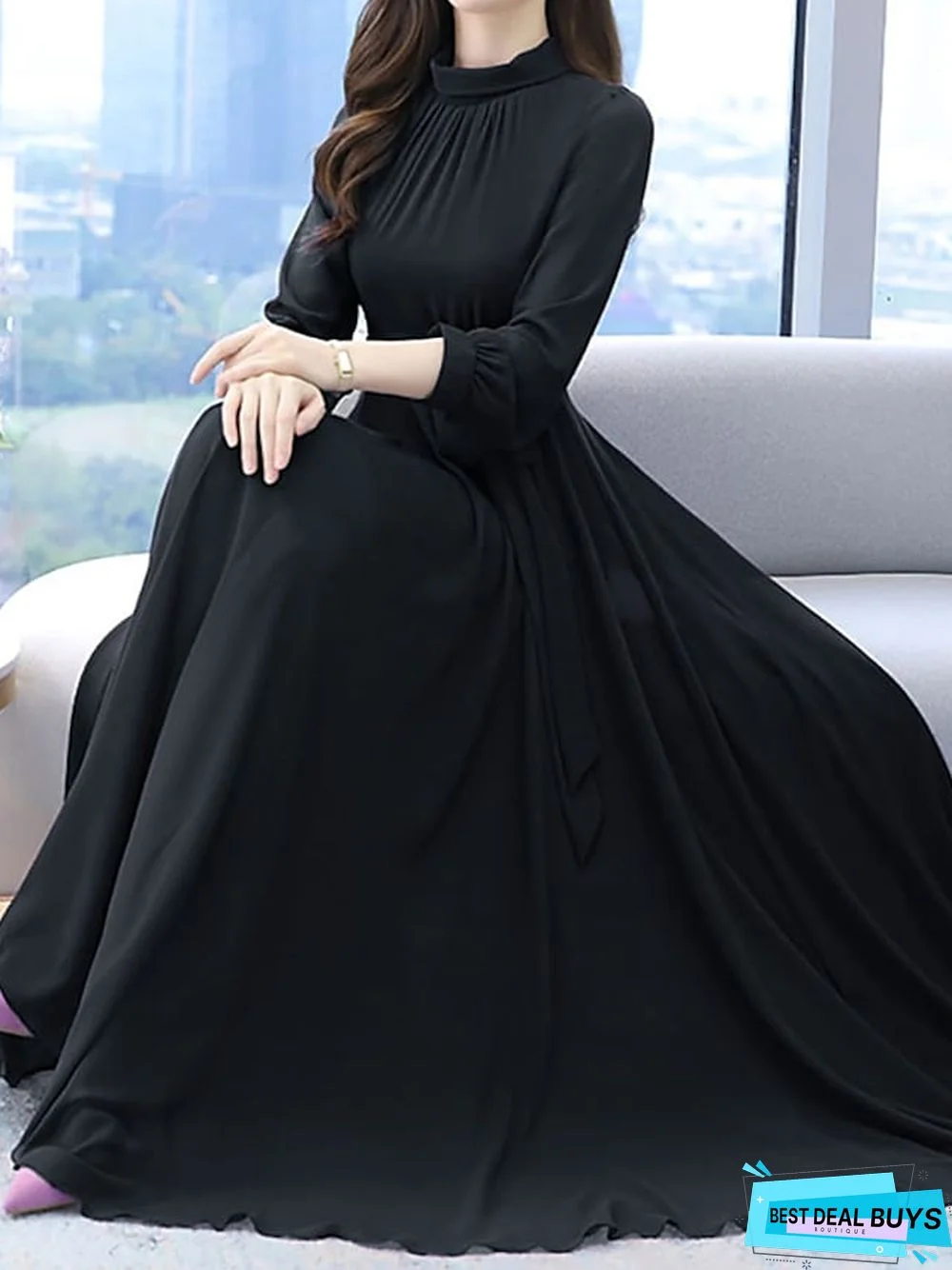 Women‘s Formal Party Dress Swing Dress Long Dress Maxi Dress Green Black Purple Long Sleeve Pure Color Lace up Winter Fall Autumn Stand Collar Winter Dress Fall Dress S M L XL XXL 3XL 4XL