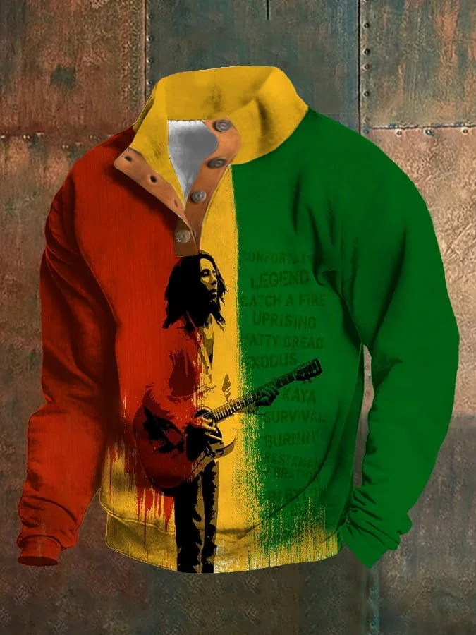 Men's Vintage Reggae Print Stand Collar Button-Up Sweatshirt