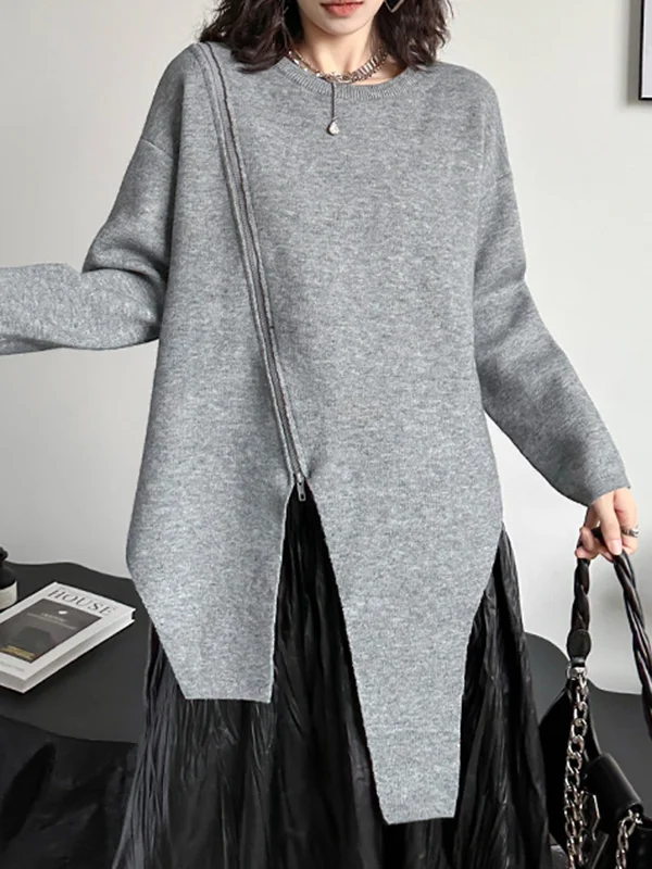 High-Low Long Sleeves Asymmetric Solid Color Zipper Round-Neck Pullovers Sweater Tops