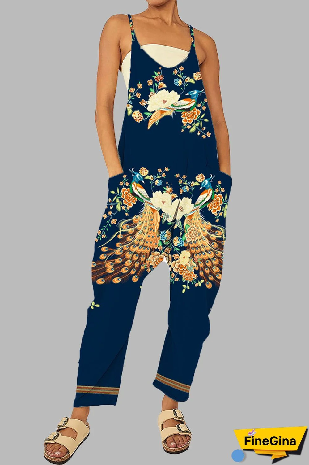 Black khaki Casual Gradual Change Print Patchwork Pocket Zipper Spaghetti Strap Loose Jumpsuits