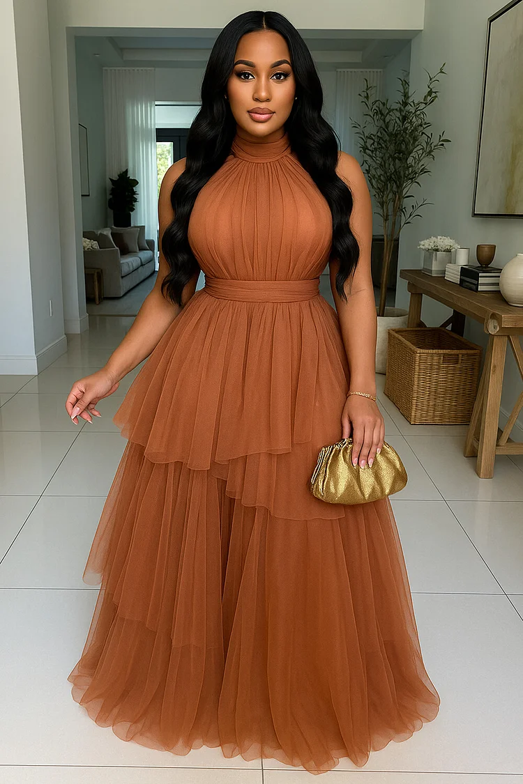 Halter Sleeveless Cinched Tulle Hem Party Maxi Dresses-Brown [Pre Order]