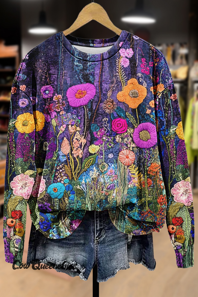 Art Floral Print Long Sleeve Sweatshirt Multicolor / S