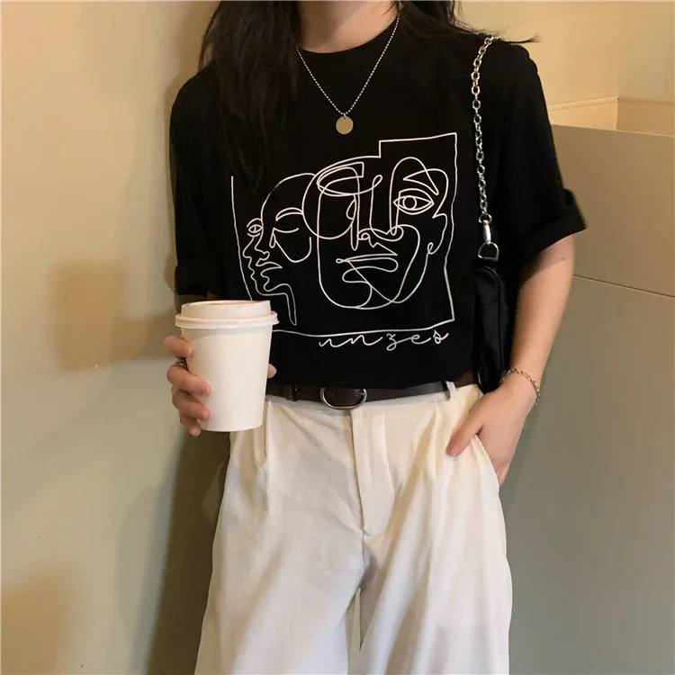 Uveng Uveng New 2024 Summer Ins Retro Loose Versatile Line Print Short-Sleeved T-Shirt For Women With A Round Collar Bottom Shirt Fashion