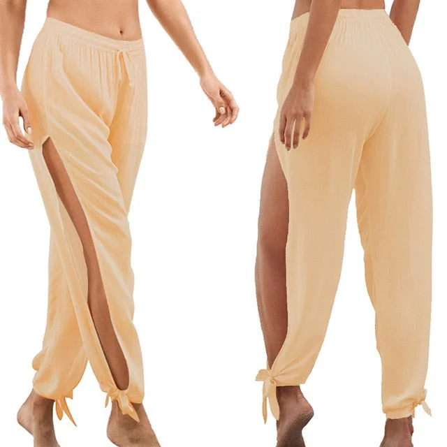 Sonicelife Hippie Harem Wide Leg Pants Trousers Summer High Slit Women Solid S-3XL Casual Loose Elastic Waist Full Length Low Flat