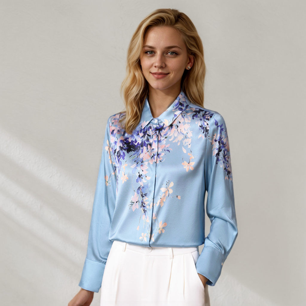 Blue Print Silk Blouses For Women Elegant Long Sleeves REAL SILK LIFE