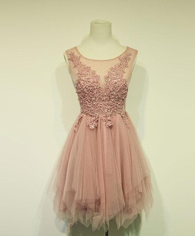 Pink Tulle Lace Short Prom Dress, Cheap Evening Dress