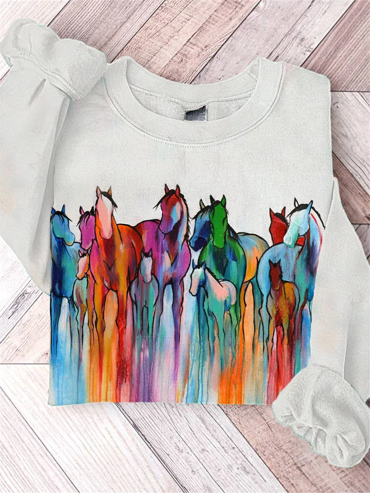 Wearshes Oil Painting Western Horse Print Casual Sweatshirt