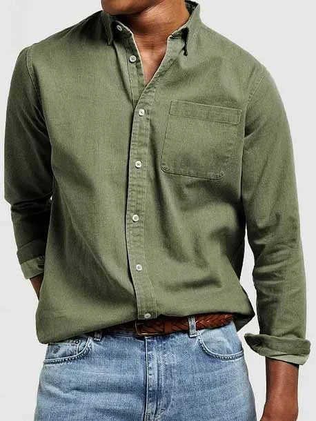 Men's Vintage Washed Cotton Long Sleeve Pocket Shirt