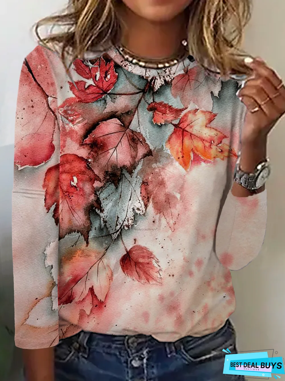 Leaf Printed Long Sleeve Casual T-Shirt