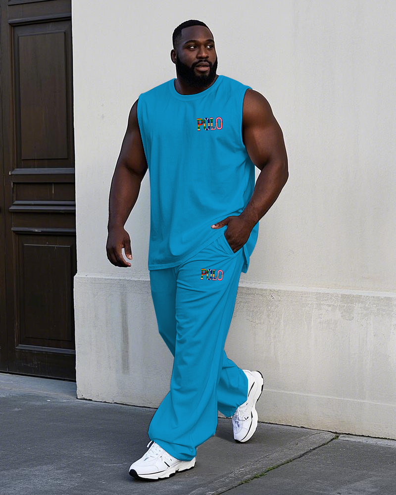 Men's Big and Tall Simple Colorful Letter POLO Printed Sporty Casual Vest and Pants Set