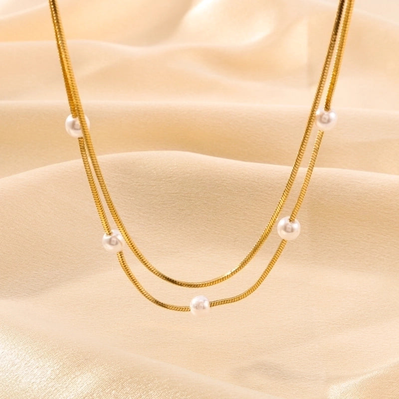 304 Stainless Steel 18K Gold Plated IG Style Romantic Shiny Pearl Round Artificial Pearls Double Layer Necklaces