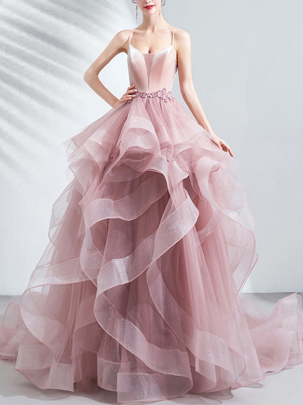 Elegant Tiered Bandaged Spaghetti Mesh Plunging Neck Maxi Dress