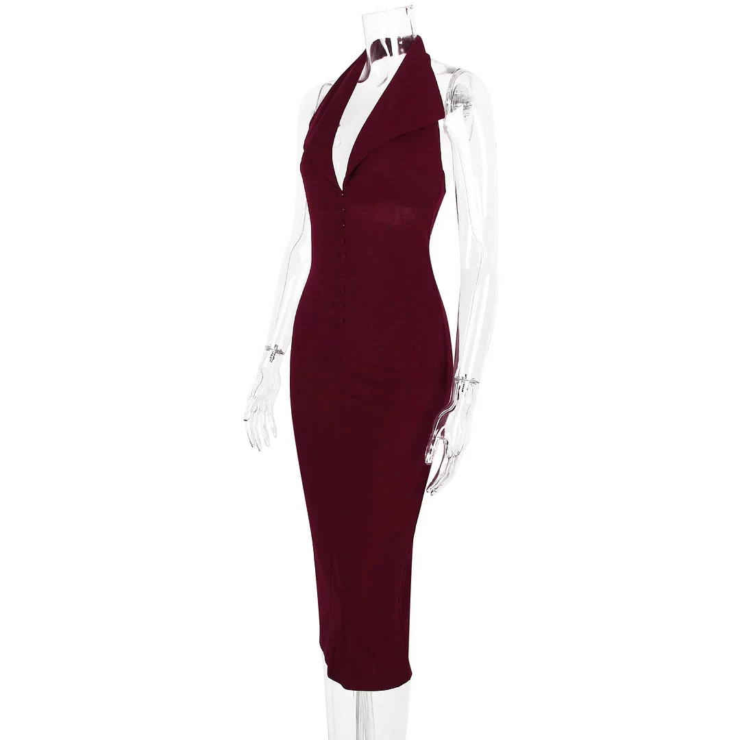 Toloer Burgundy Large Collar Halter Midi Dress-Outfit Ideas