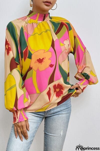 Floral Smocked Lantern Sleeve Mock Neck Blouse