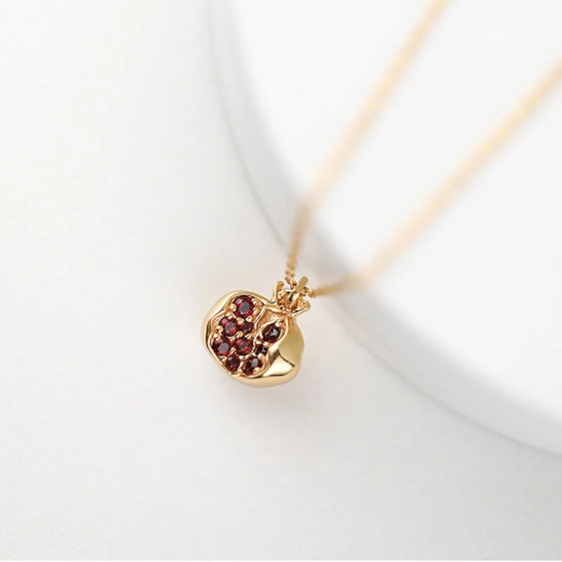 925 Sterling Silver 18k Gold Plated Pomegranate Garnet Crystal Passion Charm Necklace Pendant