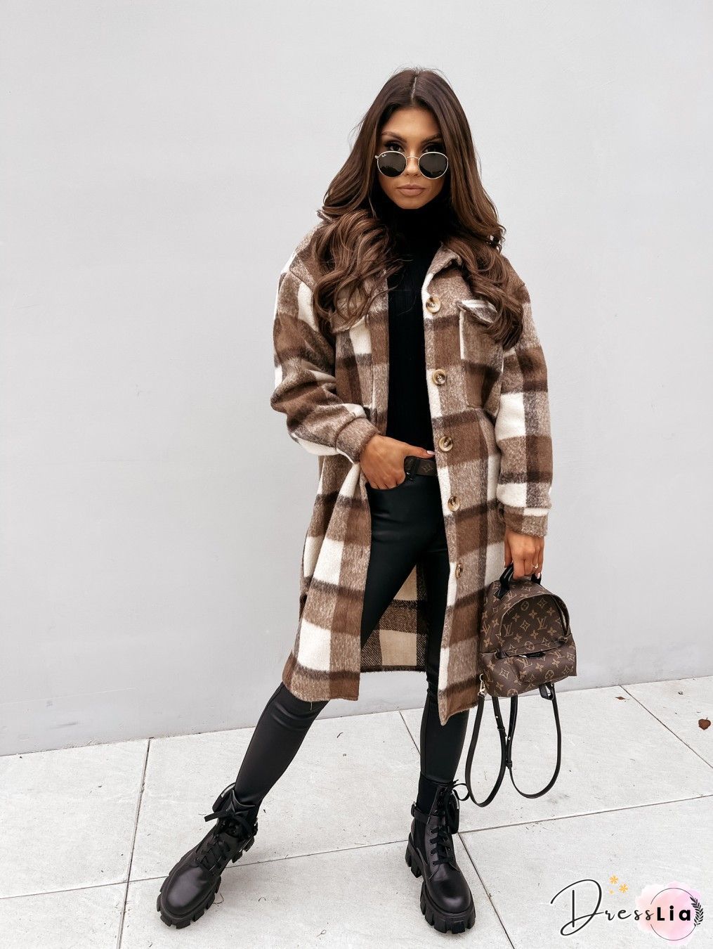 Plaid Print Long Sleeve Woolen Long Coat