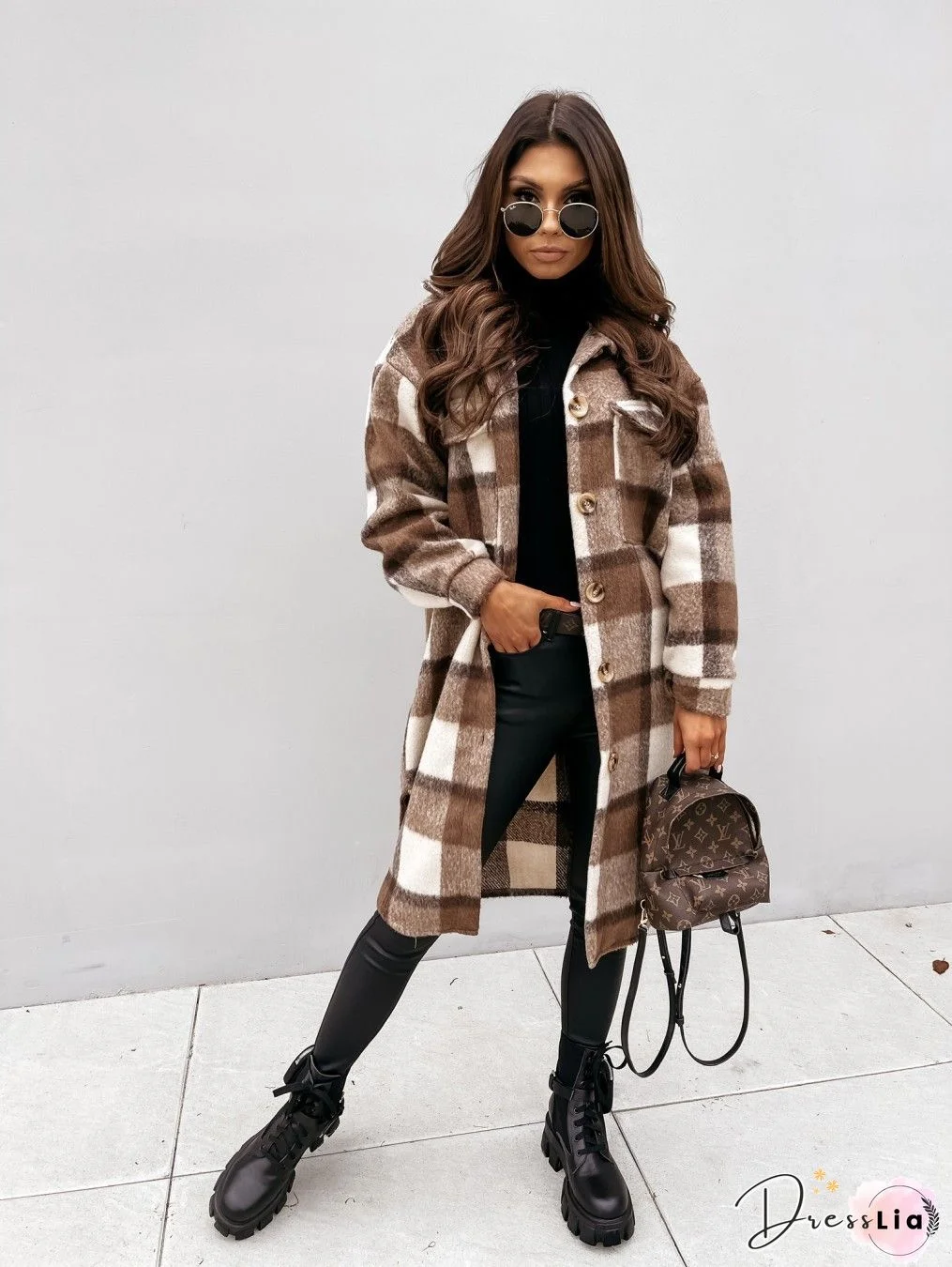 Plaid Print Long Sleeve Woolen Long Coat