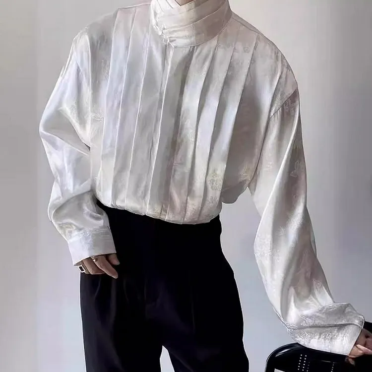 New Chinese Inspired Loose Fit Shirt with Mandarin Collar Jacquard Pattern and