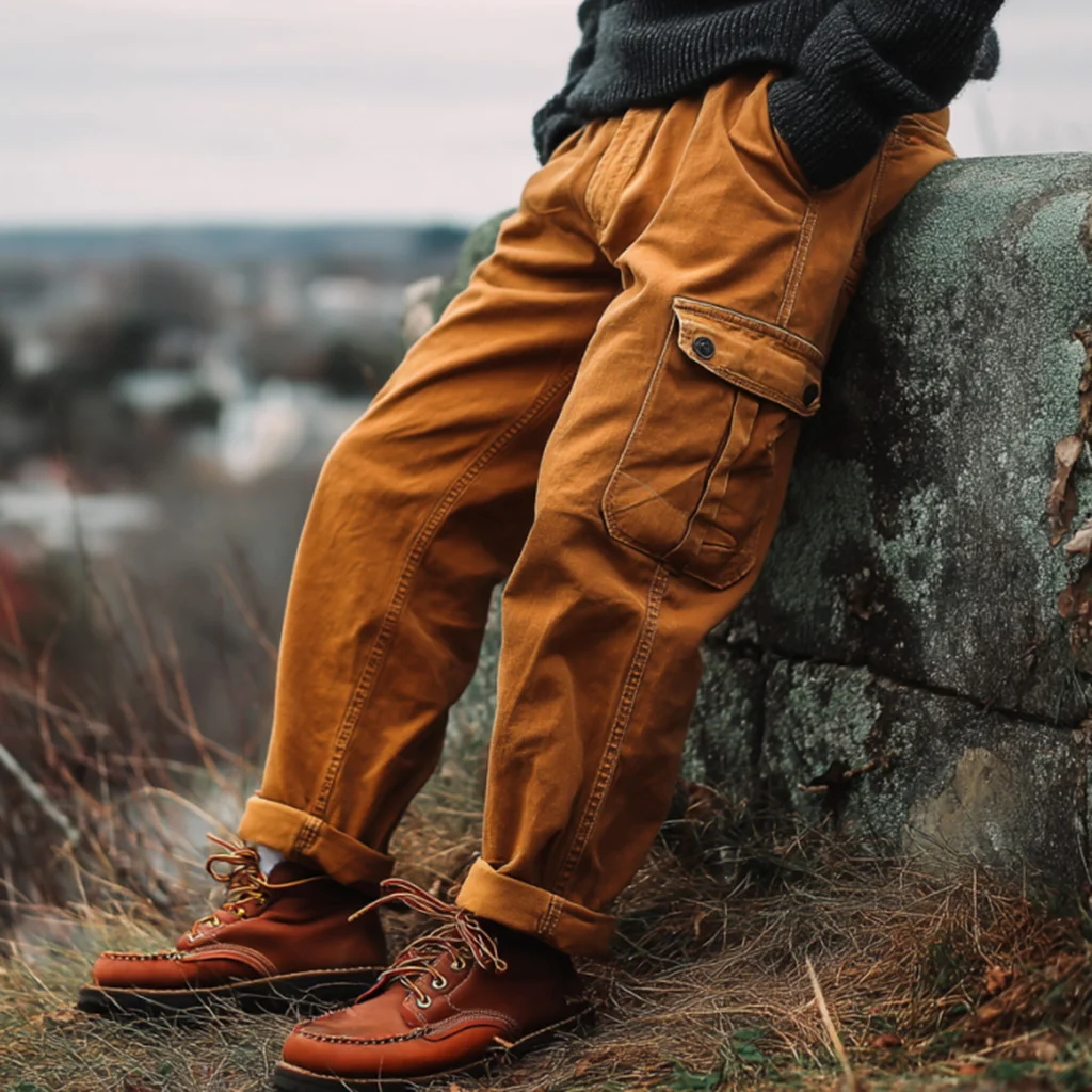 Autumnal Orange Cargo Pants with Brown Leather Boots