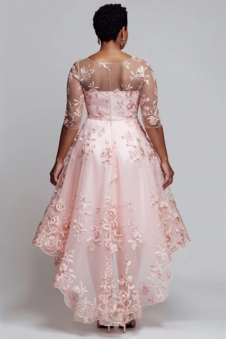 Xpluswear Design Plus Size Semi Formal Pink Round Neck Half Sleeve Asymmetric Hem Elegant See Through Lace Midi Dresses [Pre-Order]
