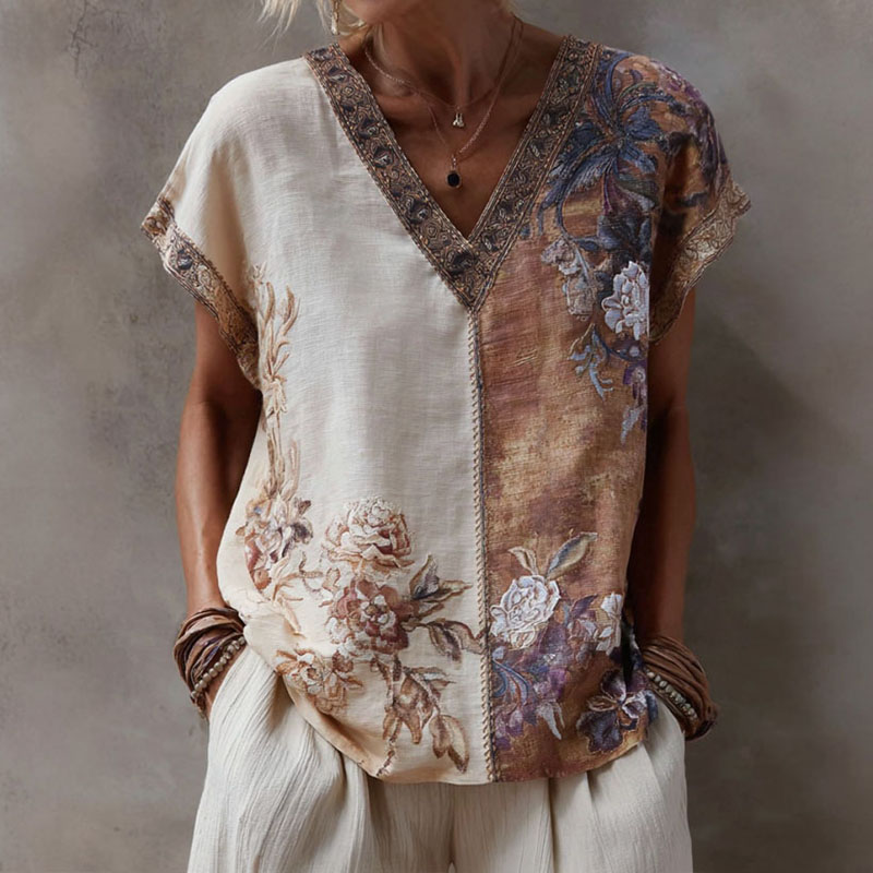 Women's Vintage Floral And Natural Texture Print Linen Blend V-neck T-shirt elevenforest
