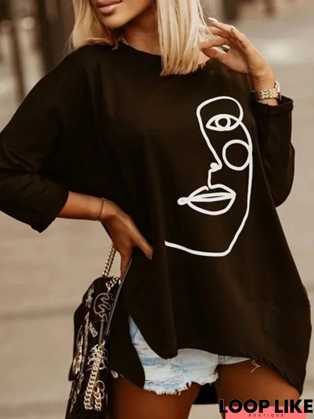 Vintage Abstract Face Printed Crew Neck Long Sleeve Casual Top