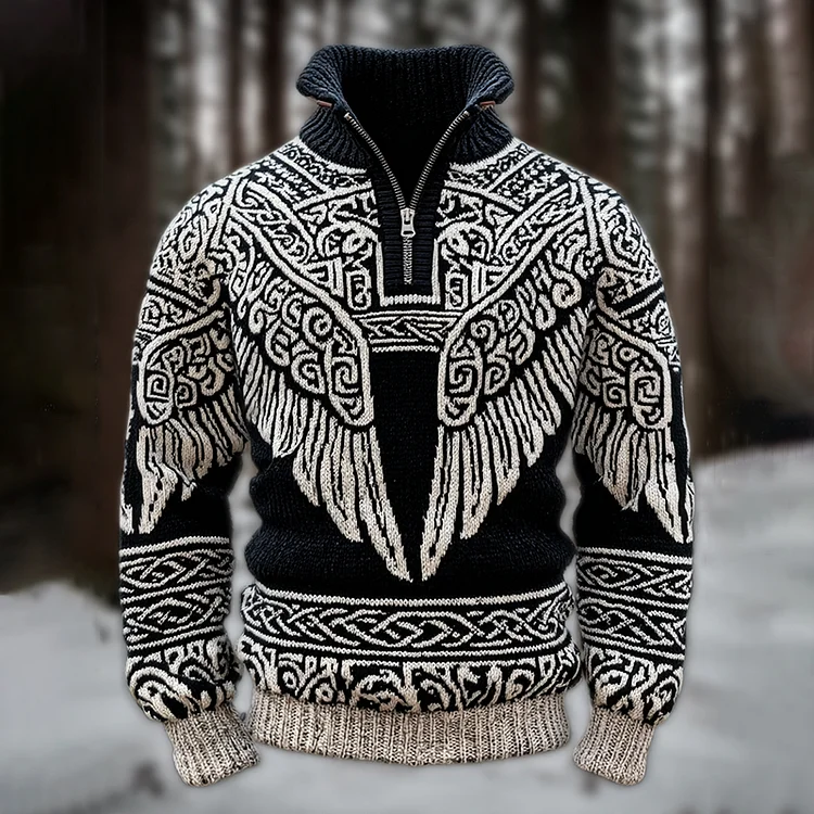 Men's Viking Celtic With Wings Art Cozy Knit Half Zipped Sweater