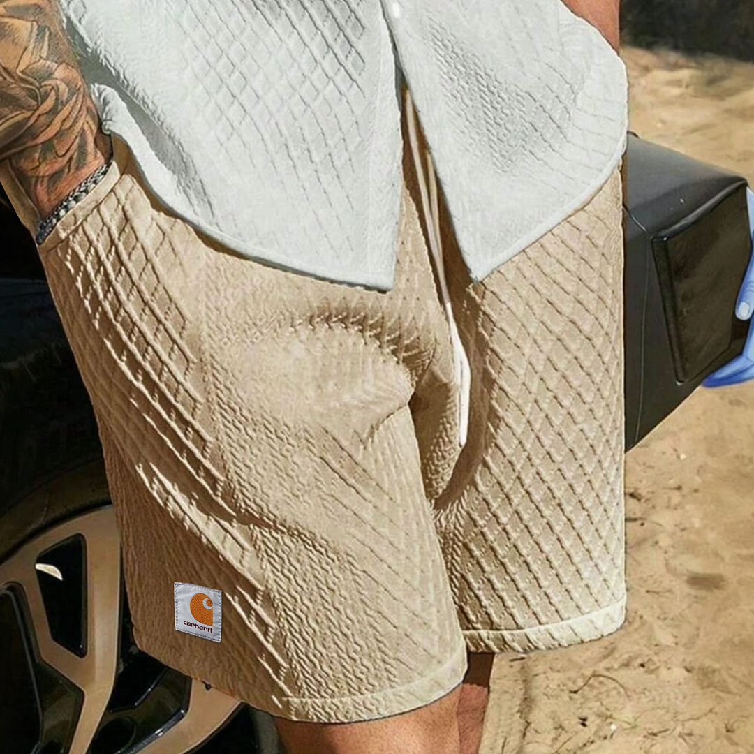 Cozy Textured Khaki Shorts With Back Pocket - Perfect For Casual Summer Days