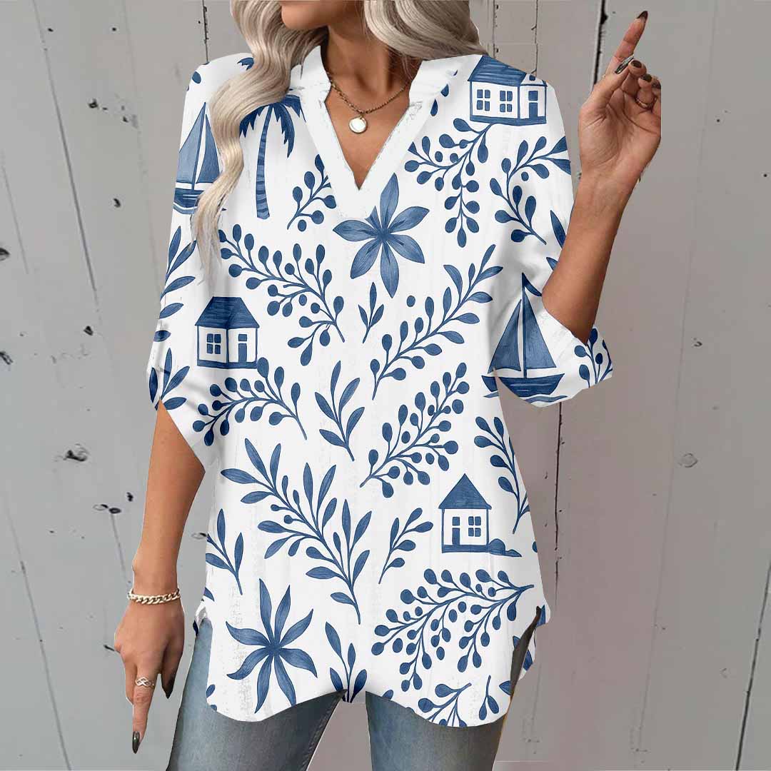 Women Blue, Tropical DZGA0077 3/4 Sleeve V-neck Printed Graphic Button Tops