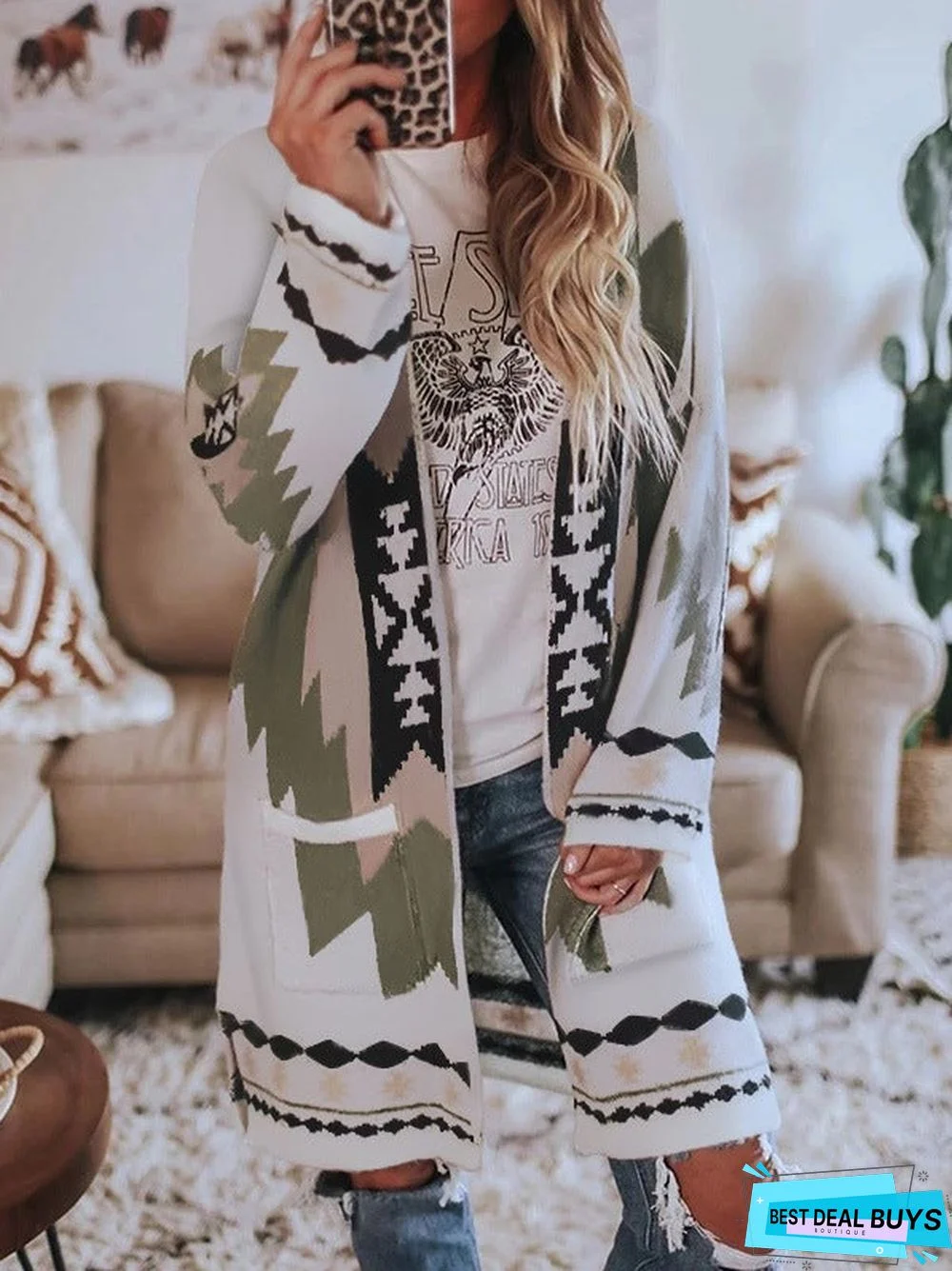 Long Sleeve Printed Cardigan Coat Woolen Coat For Autumn and Winter