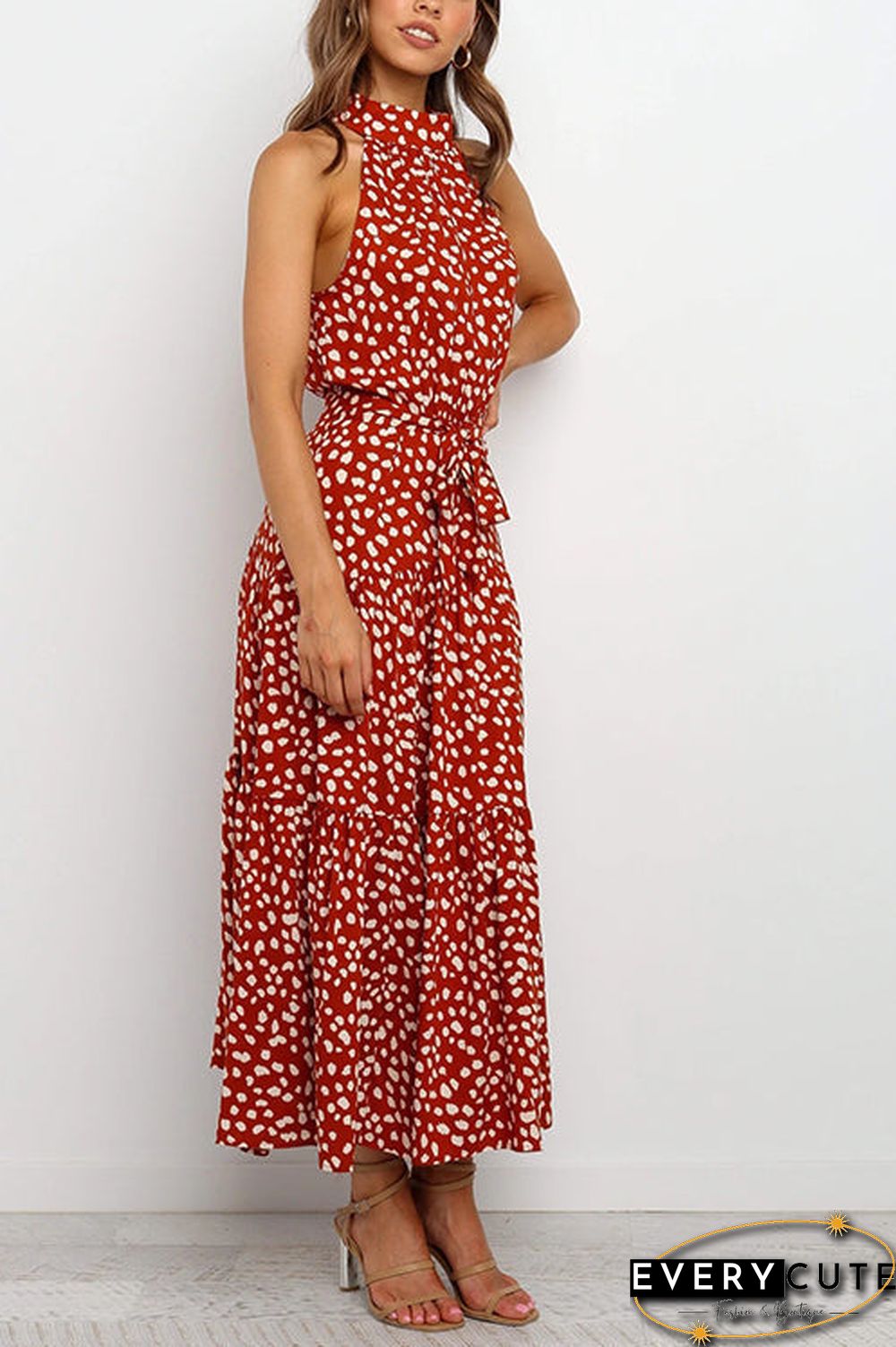 Print Belted Sleevelss Maxi Dress