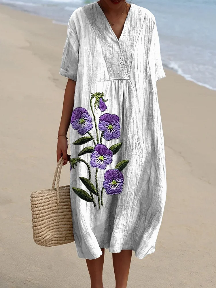Embroidery Style Purple Pansy Floral Printed Women's Flowy Dress