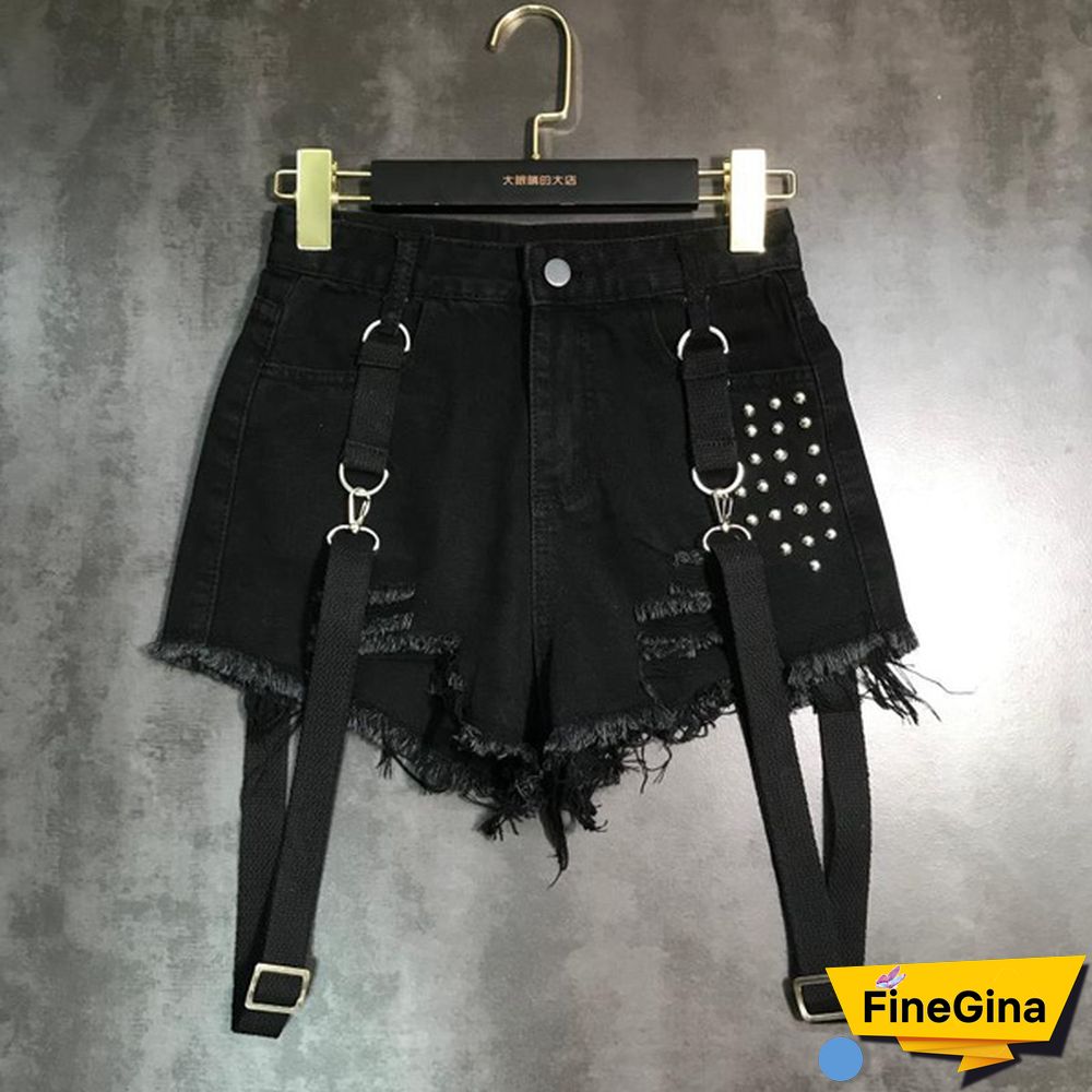 Women Denim Hot Pants Shorts Mini Jeans Rivet Removable Strap Tassels Gothic Punk Sexy